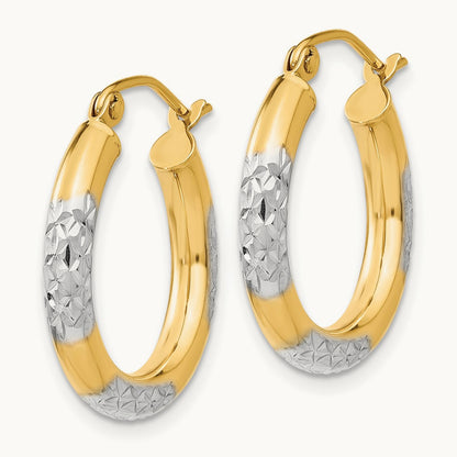 & Rhodium Diamond-cut 3x20mm Hoop Earrings, 14K