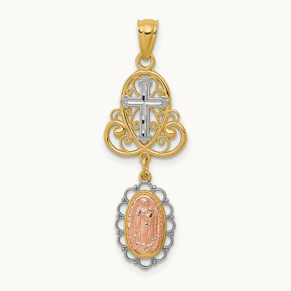 w/White Rhodium Lady Guadalupe Cross Pendant, 14K Two-tone