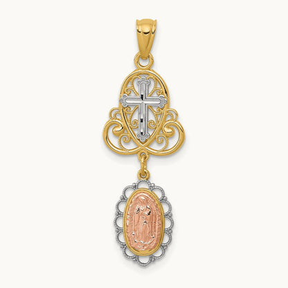 w/White Rhodium Lady Guadalupe Cross Pendant, 14K Two-tone