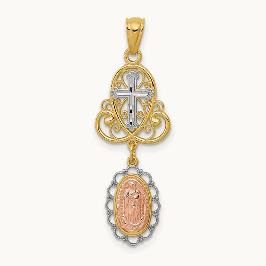 w/White Rhodium Lady Guadalupe Cross Pendant, 14K Two-tone