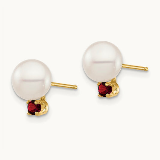 7- White Round Freshwater Cultured Pearl Garnet Post Earrings, 7.5mm, 14K