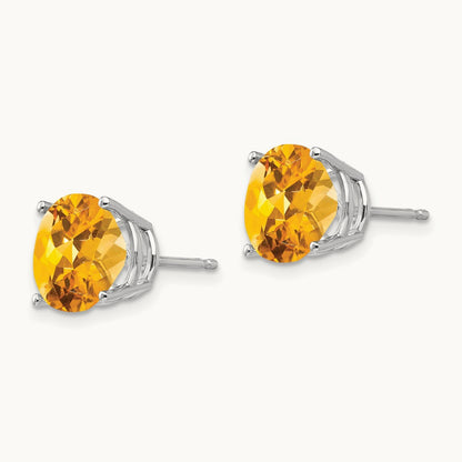 Citrine Round Stud Earrings, 14K White Gold