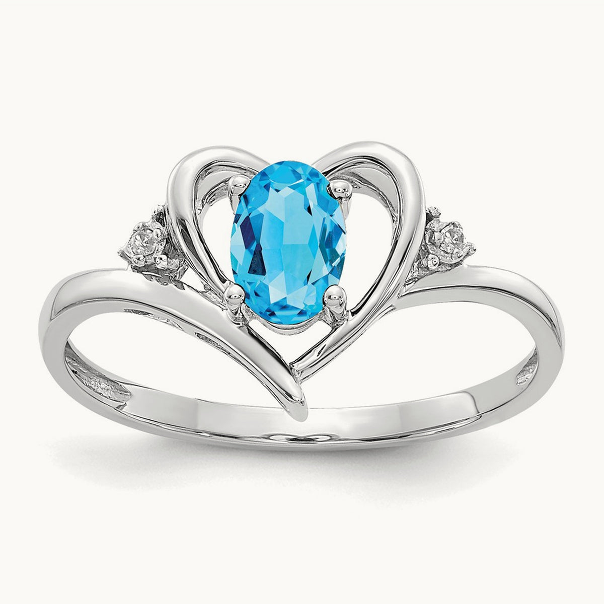 Blue Topaz and Diamond Heart Ring — 14K White Gold, 7
