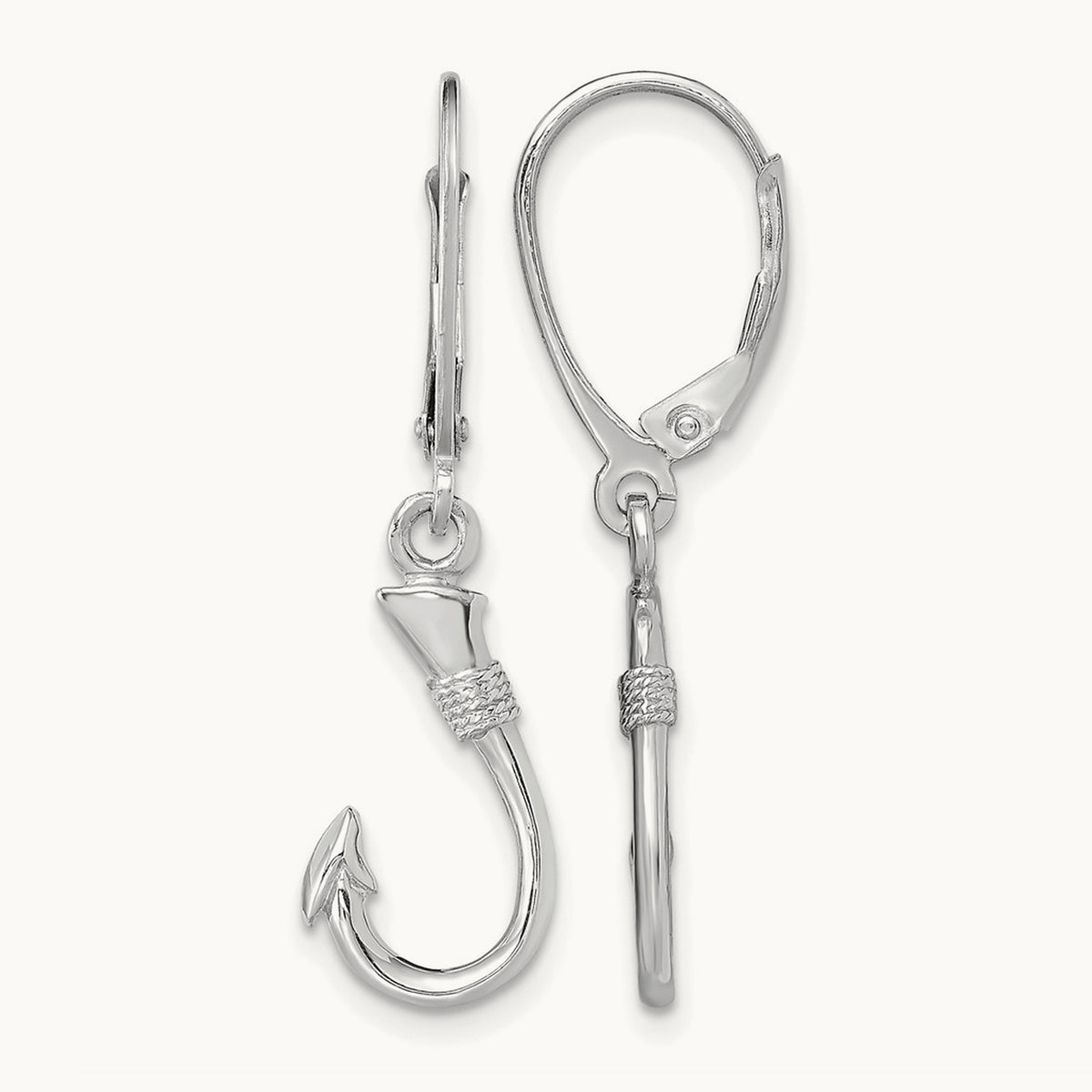 3-D Fish Hook Leverback Earrings — 14K White Gold