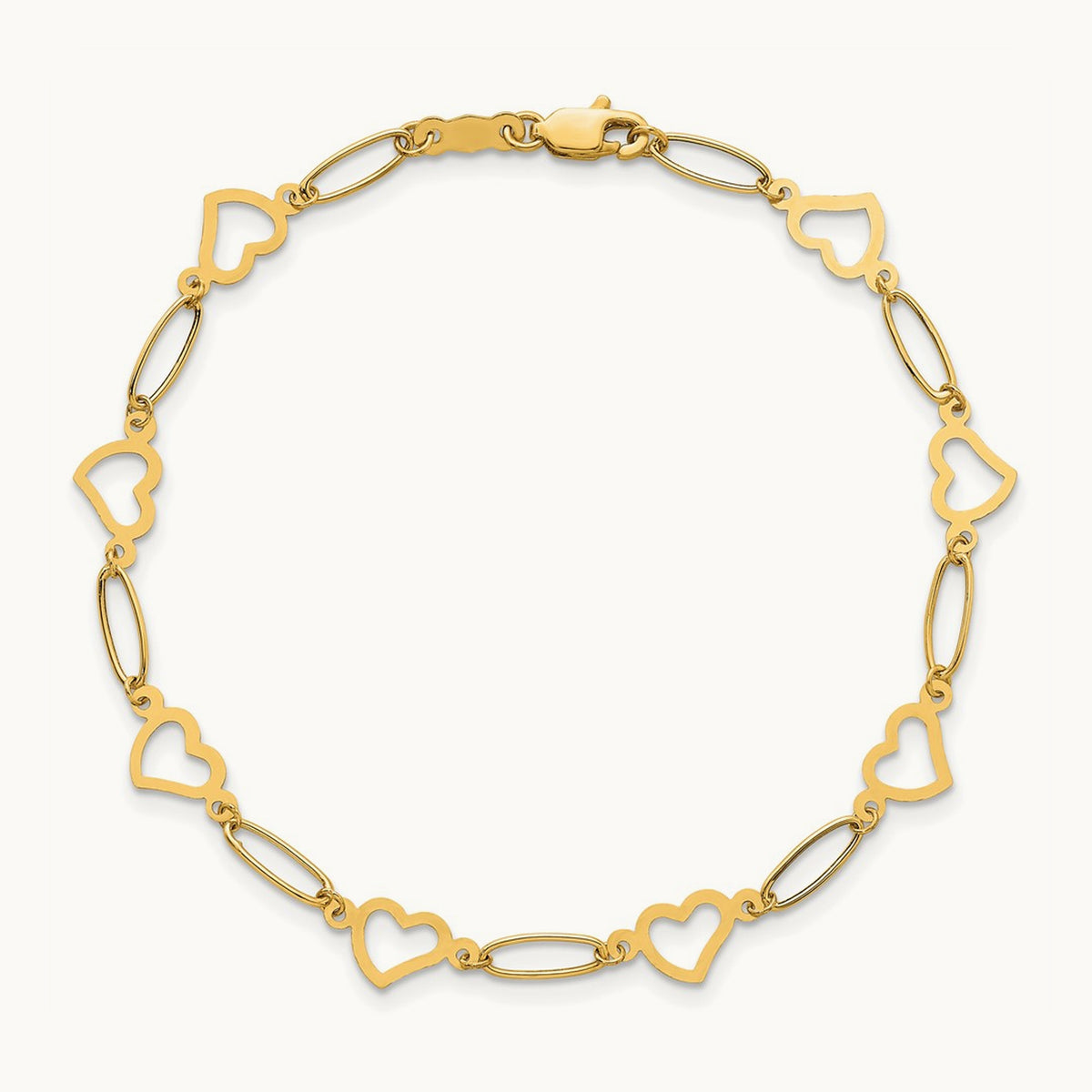 Polished Oval Link and Hearts 7.5in Bracelet, 14K