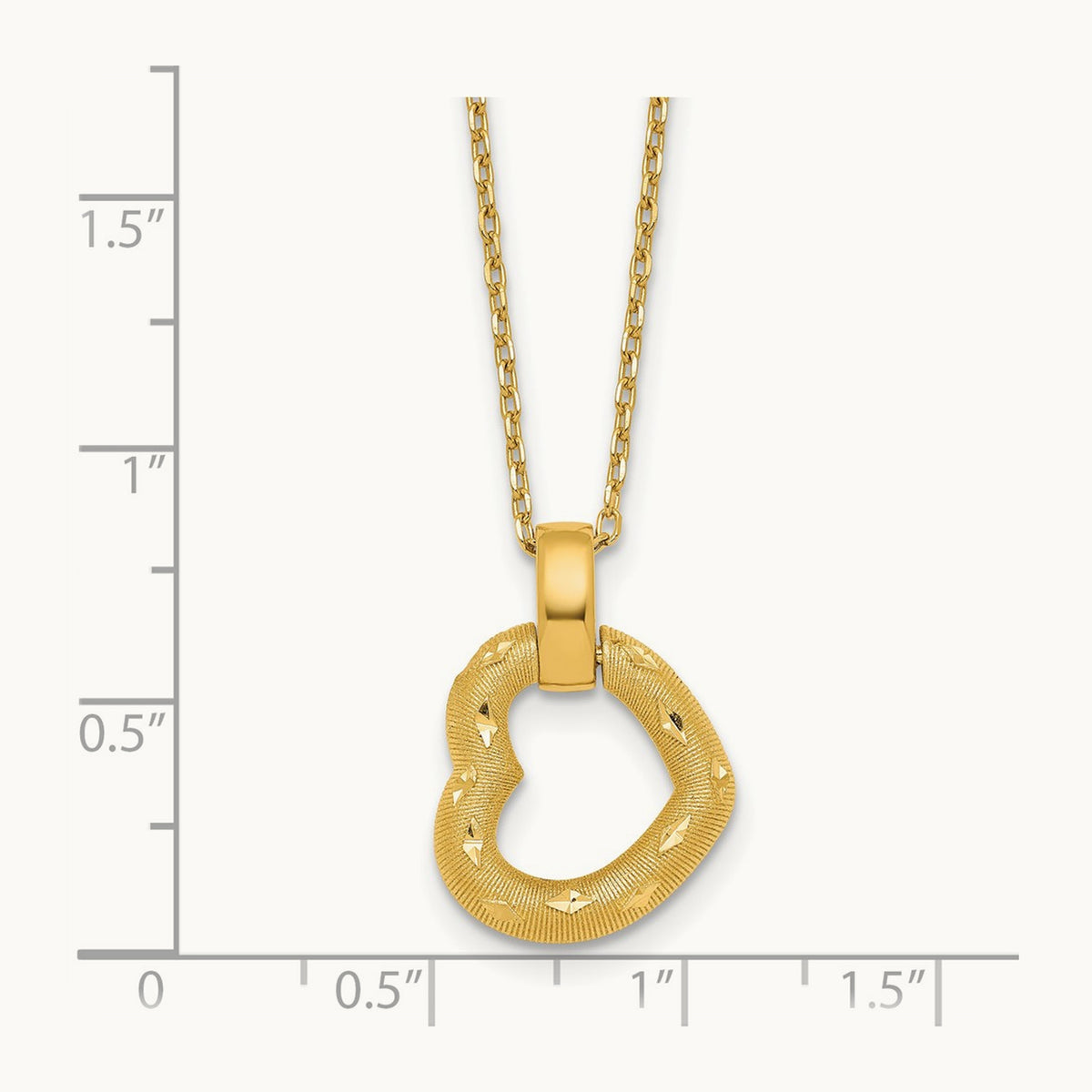 Polished Textured D/C Fancy Heart 16in w/2.25in Ext Necklace, 14K