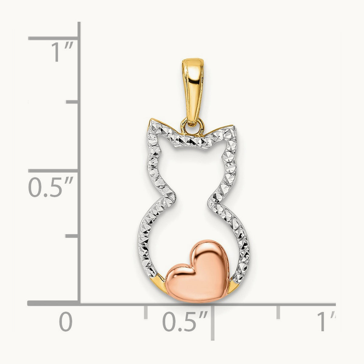 Diamond-cut Cat Heart Pendant, 14K with White Rhodium