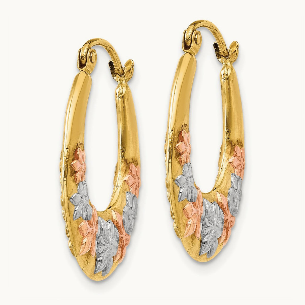 & White and Rose Rhodium Hollow Flowers Hoop Earrings, 14K