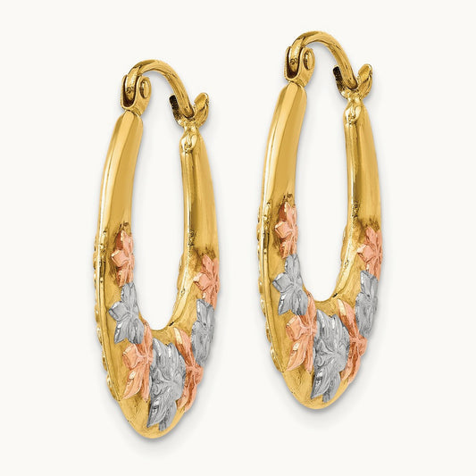 & White and Rose Rhodium Hollow Flowers Hoop Earrings, 14K