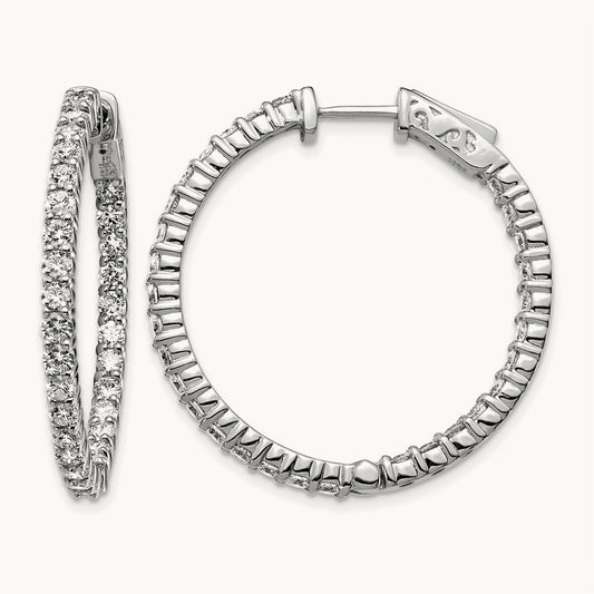 Diamond Round Hoop w/Safety Clasp Earrings, 14K White Gold
