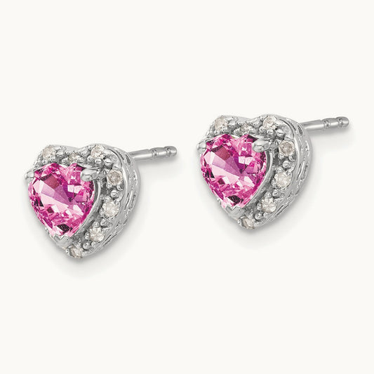 Heart Created Pink Sapphire Post Earrings, 0.10 ct tw Lab-Grown Diamond