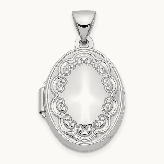 Oval Embossed Border Locket, 17mm, 14K White Gold