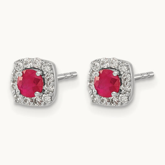 Created Ruby Halo Post Earrings, 0.20 ct tw Lab-Grown Diamond