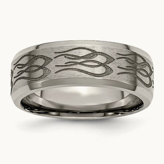Brushed & Polished Flames Laser Design Beveled Edge Band — photo set