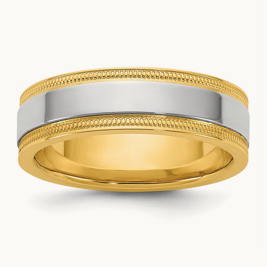 Y/W Milgrain Wedding Band, 6mm, 14K Two-tone