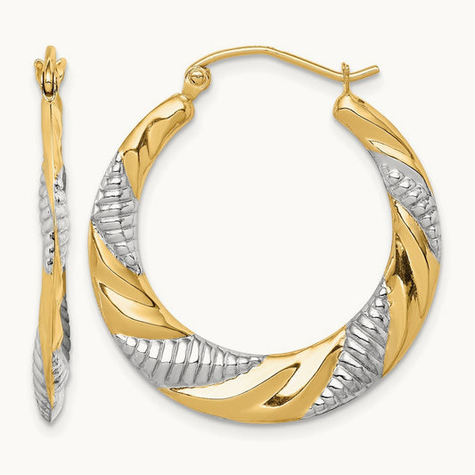 & Rhodium Textured Stamped Hoop Earrings, 14K