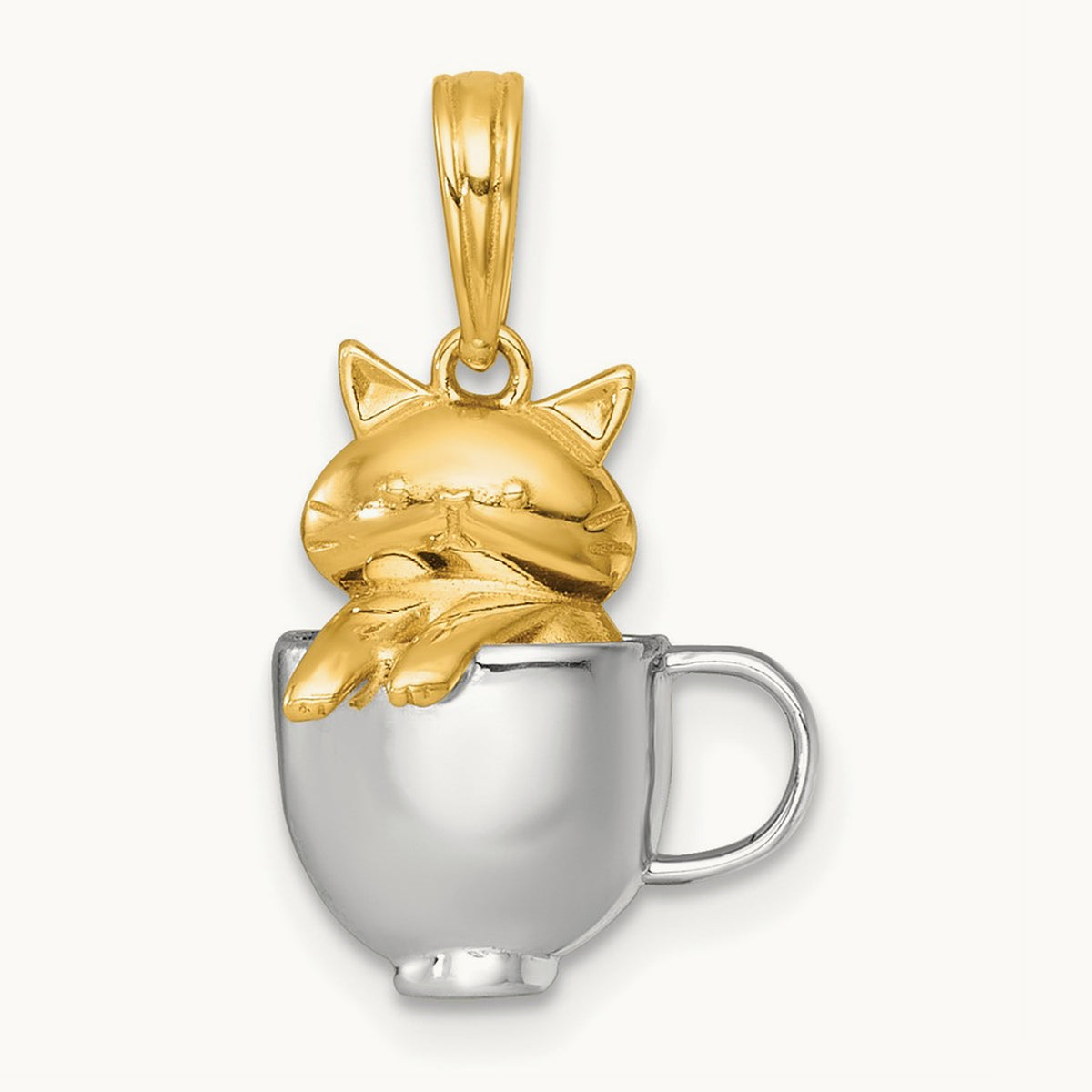 Polished 3-D Cat In Mug Charm, 14K with White Rhodium