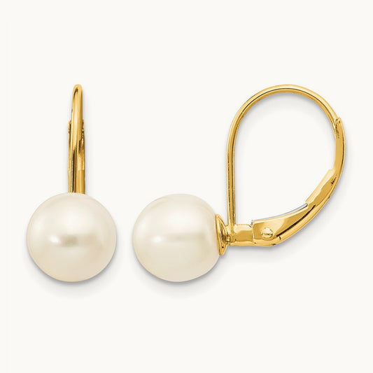 Round Freshwater Cultured Pearl Leverback Earrings — 14K Yellow Gold