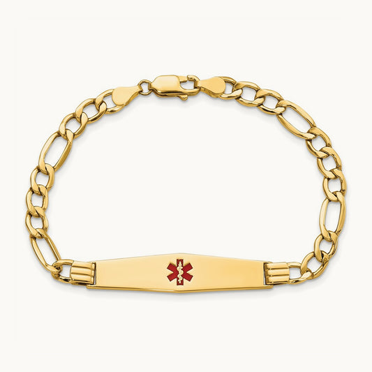 Semi-Solid Medical Soft Diamond Shape Red Enamel Figaro ID Bracelet, 14K