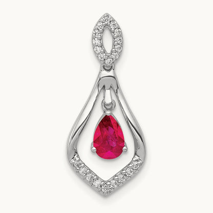 Diamond and Ruby Teardrop Dangle Pendant, 14K White Gold
