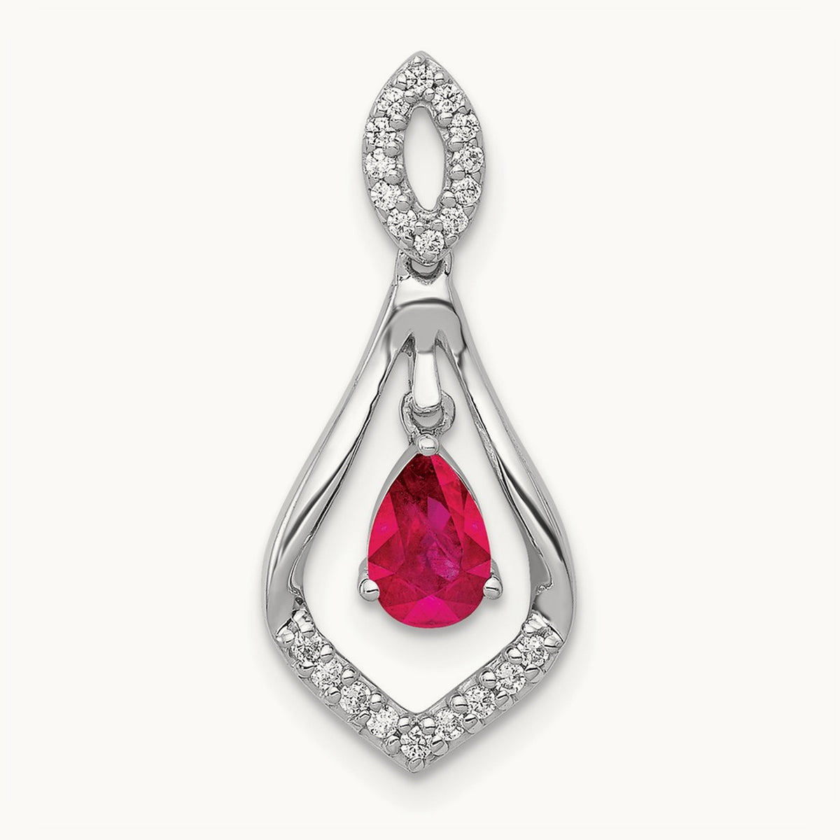 Diamond and Ruby Teardrop Dangle Pendant, 14K White Gold