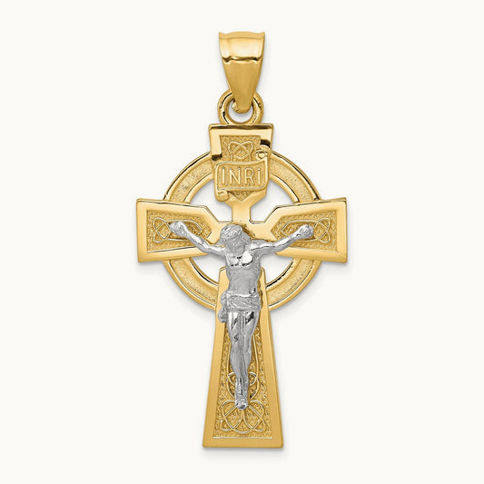 Polished Celtic INRI Crucifix Pendant, 14K Two-tone