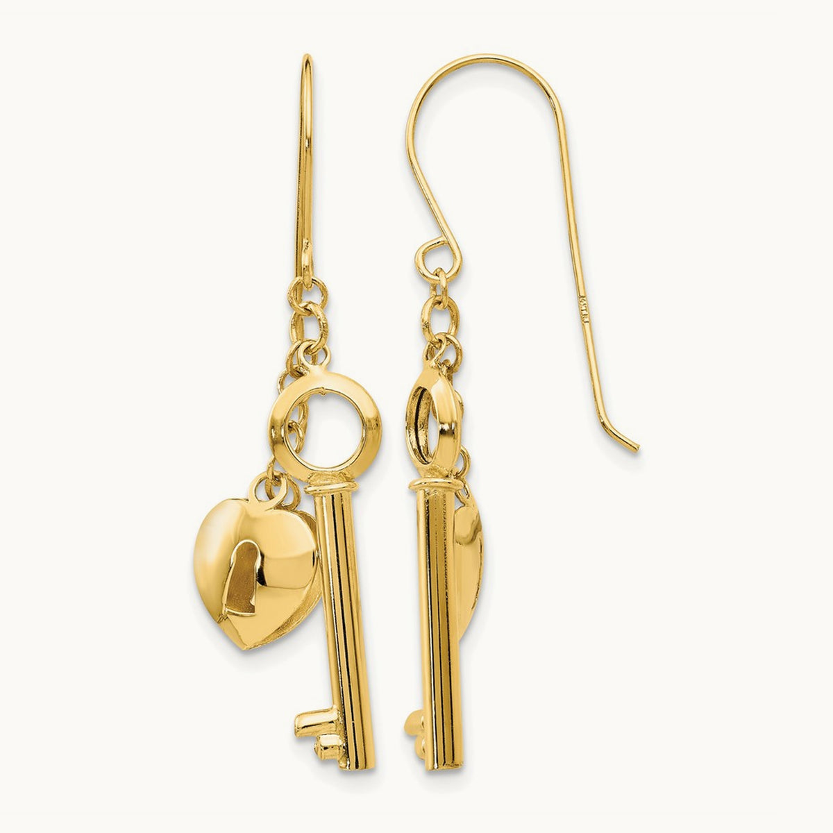 Puff Heart Lock and Key Earrings, 14K Gold