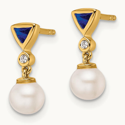 Polished Diamond and Sapphire Pearl Dangle Post Earrings, 14K