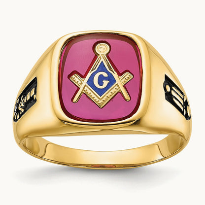 Men's Textured w/ Black Enamel & Lab Cr. Ruby Masonic Ring, 14K