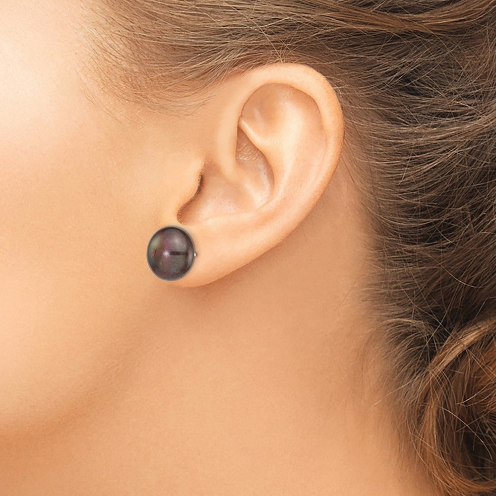 Black Button Freshwater Cultured Pearl Stud Post Earrings — 14K White Gold