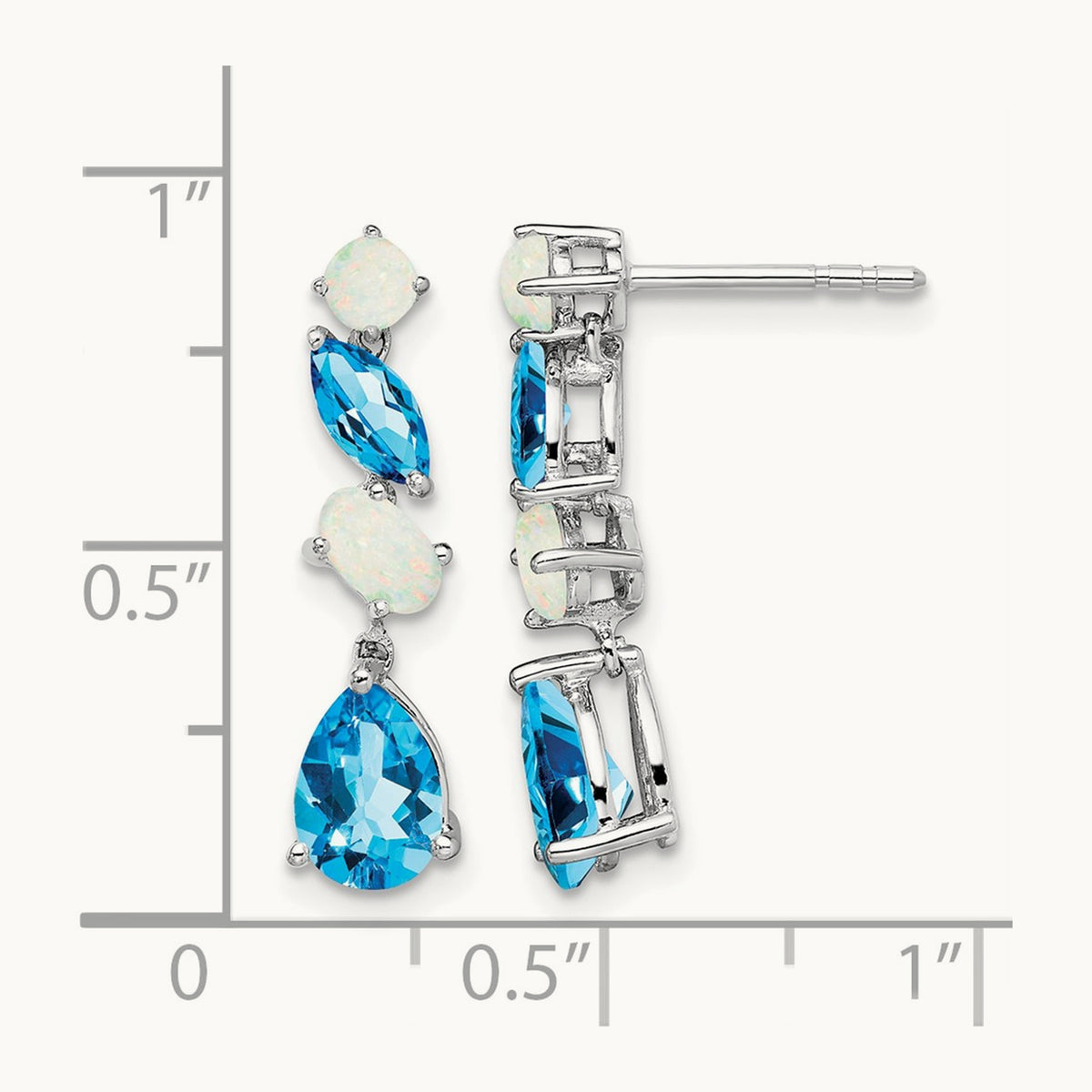 Blue Topaz and Opal Dangle Earrings, 14K White Gold