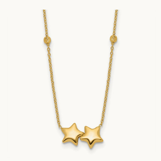 D/C Beaded Double Star 16in w/2in ext. Necklace, 14K