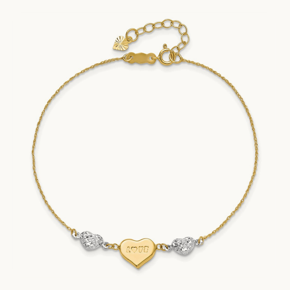 Puffed LOVE Heart & D/C Hearts Bracelet, 14K Two Tone