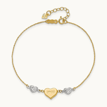 Puffed LOVE Heart & D/C Hearts Bracelet, 14K Two Tone