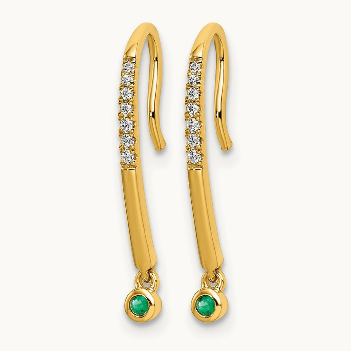 Polished Diamond and Emerald Drop Wire Earrings, 14K