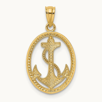 Polished Anchor w/Rope Oval Pendant, 14K Gold