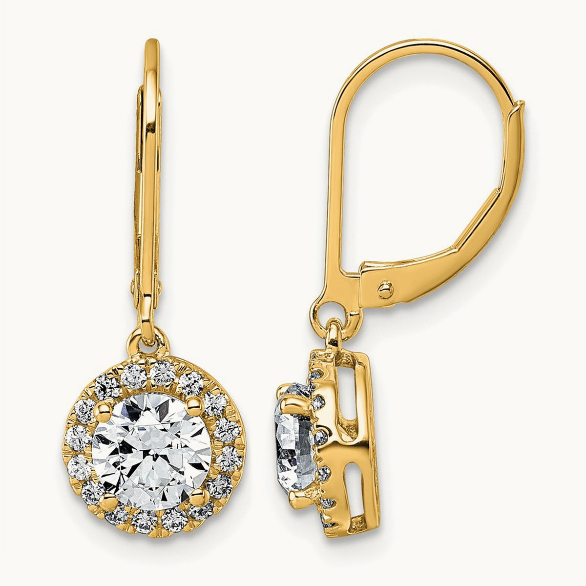 Halo Drop Leverback Earrings, 1.75 ct tw Lab-Grown Diamond — 14K Yellow Gold