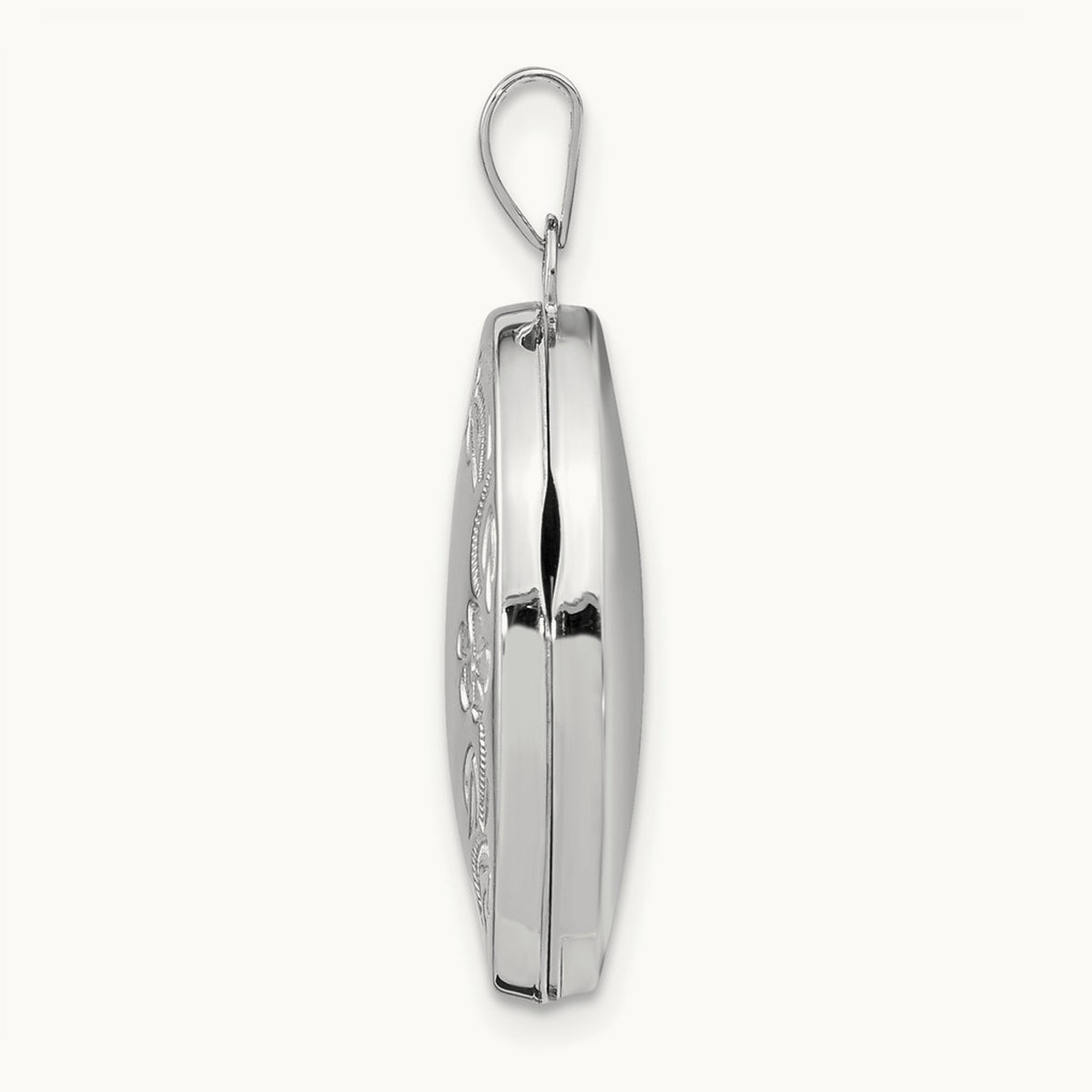 Oval Leaf Floral Scroll Border H/Eng Locket, 21mm, 14K White Gold