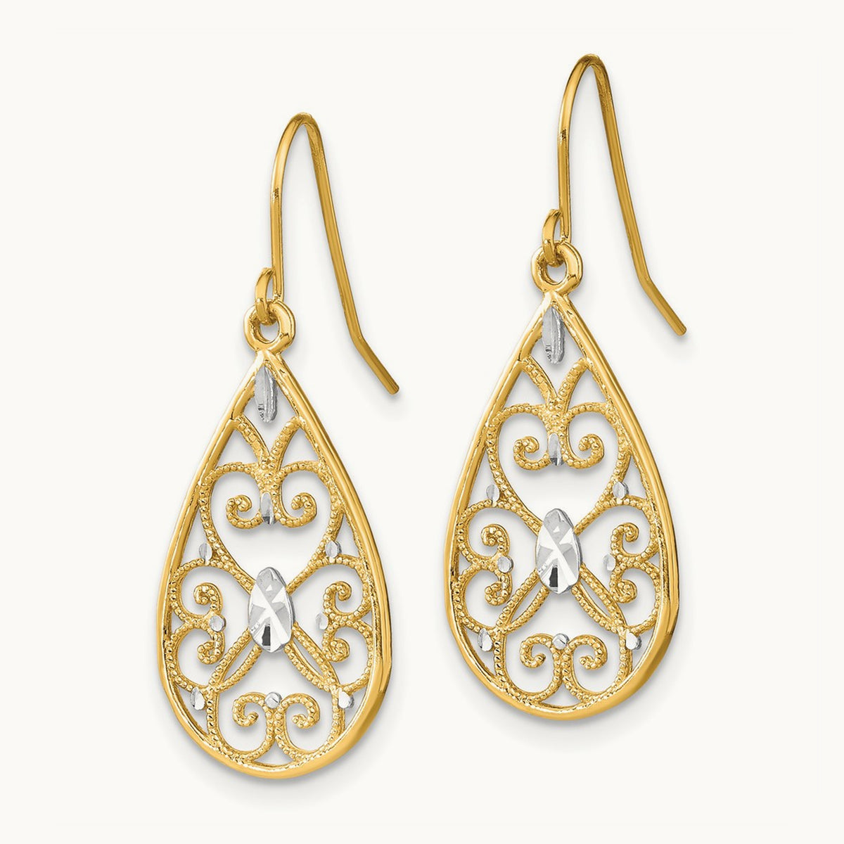 w/Rhodium D/C Fancy Dangle Wire Earrings, 14K