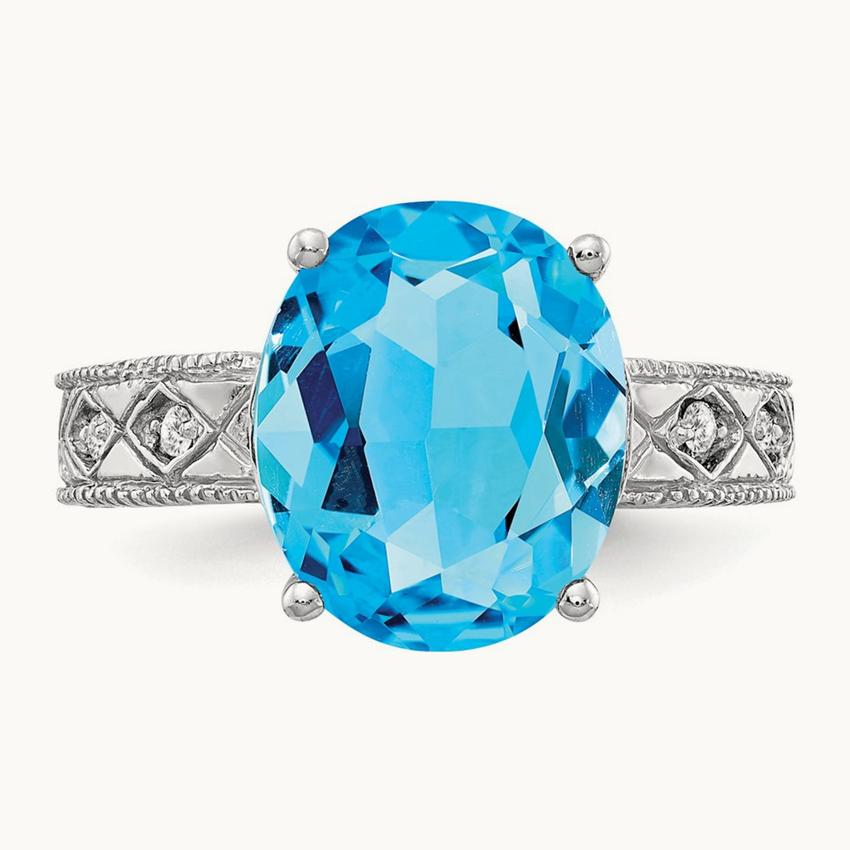 12x10mm Oval Blue Topaz AA Diamond ring, 14K White Gold