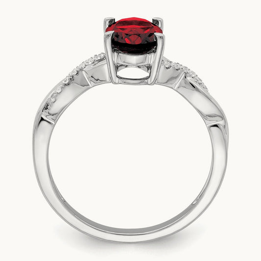Oval Garnet and Diamond Ring — 14K White Gold, 0.07 ct, 7