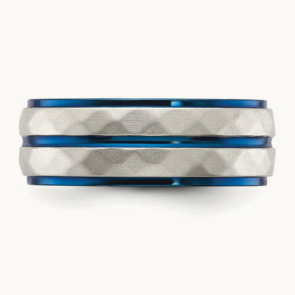 Polished and Sand-blasted Faceted Blue IP-plated Band, Stainless Steel