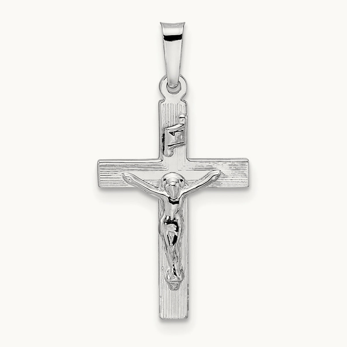 Polished Solid INRI Striped Crucifix Pendant — 27.5mm
