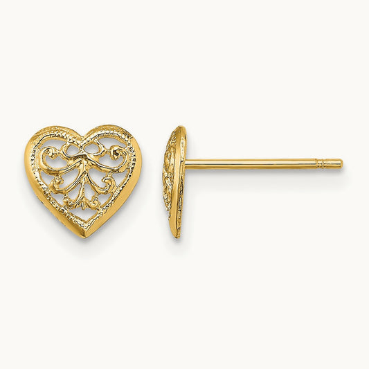 Filigree Heart Post Earrings, 14K