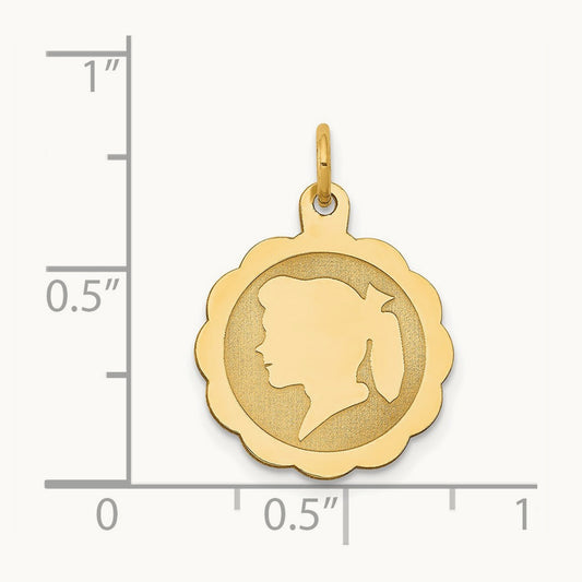 Girl Head on .011 Gauge Engravable Scalloped Disc Charm — 21mm