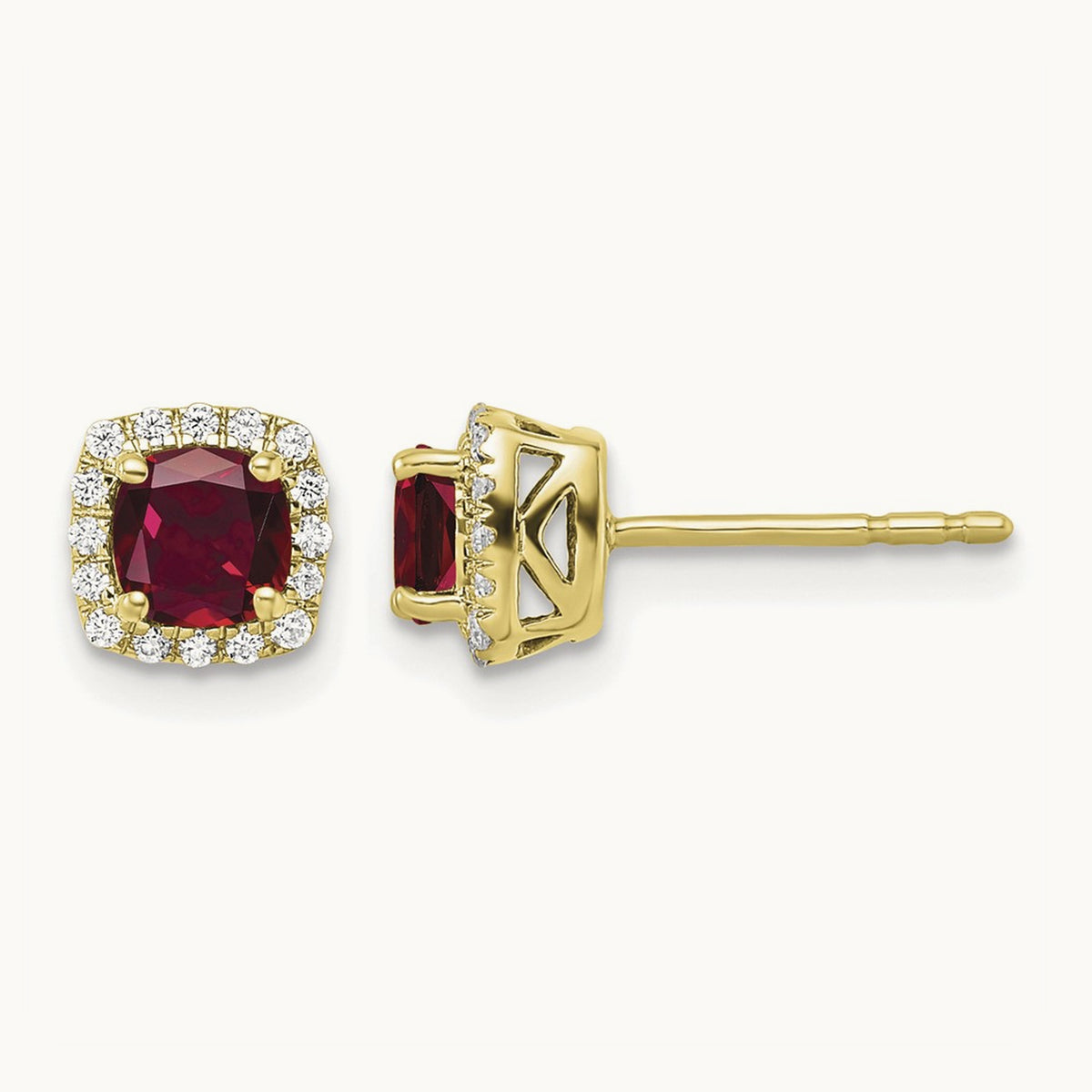 Created Ruby Square Halo Post Earrings, 0.10 ct tw Lab-Grown Diamond — 10K Yellow Gold