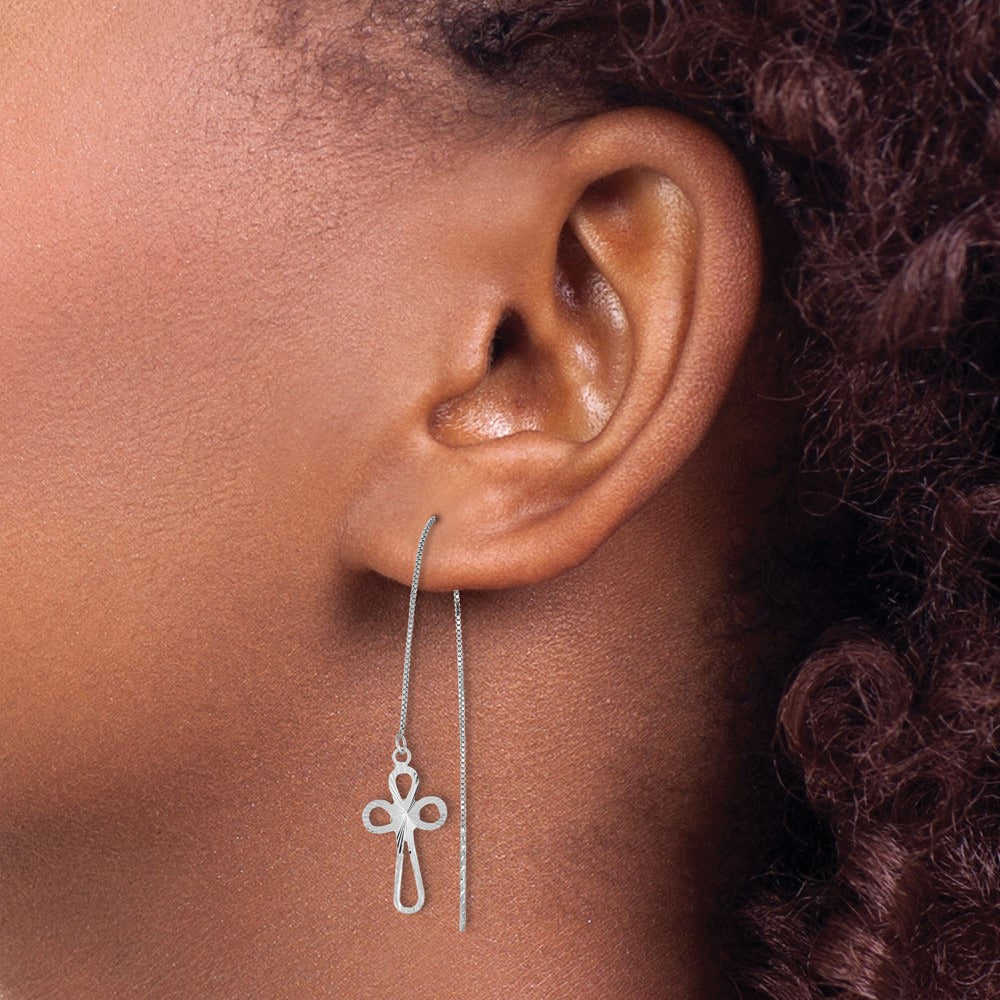 Polished Diamond-cut Box Chain with Cross Threader Earrings — 14K White Gold