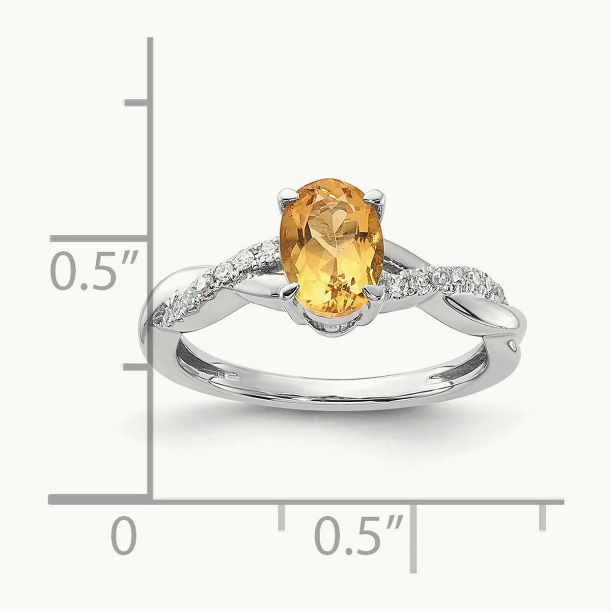 Oval Citrine and Diamond Ring — 14K White Gold, 0.084 ct, 7