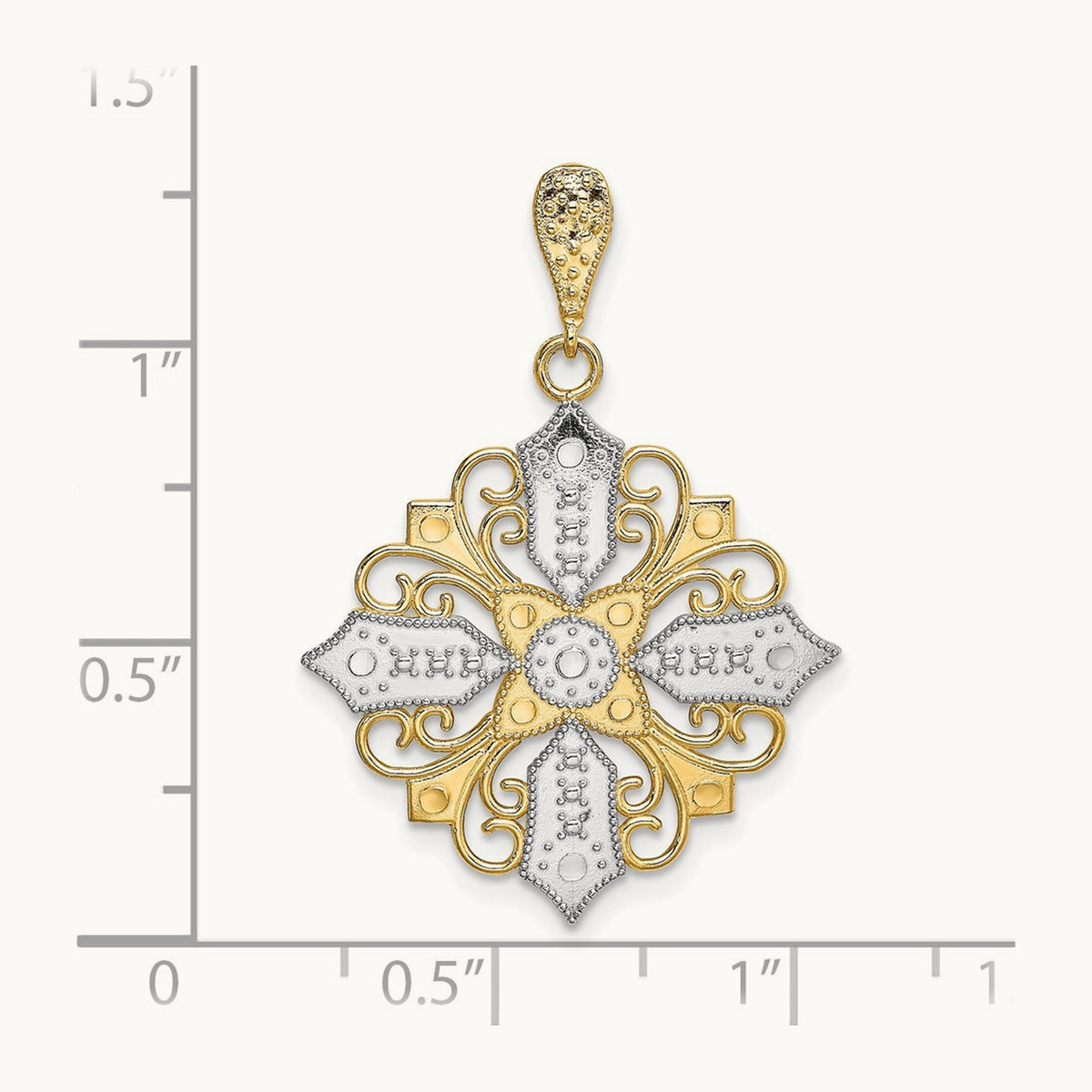 w/ Rhodium Cut-out Cross Medallion Charm, 14K