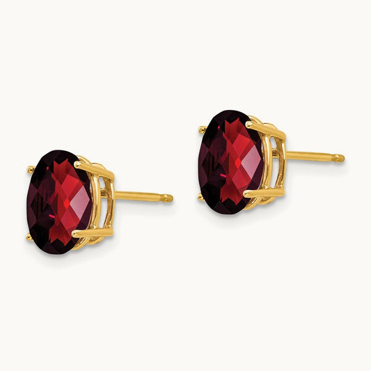 9x7mm Oval Garnet Checker Earrings, 14K